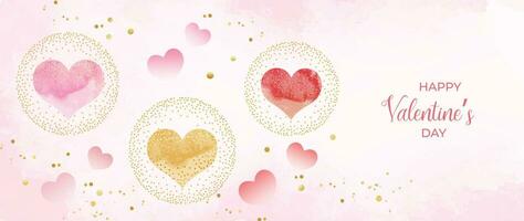 Happy Valentines day pink background vector. Romantic symbol drawing of pink watercolor doodle hearts, gold texture. Love illustration for greeting card, web banner, fabric, package, cover. vector