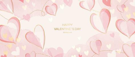 Happy Valentines day pink background vector. Romantic symbol drawing of pink doodle hearts watercolor texture, gold line. Love illustration for greeting card, web banner, fabric, package, cover. vector