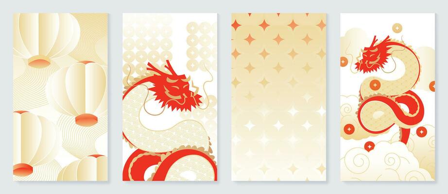 Happy Chinese New Year cover background vector. Year of the dragon design with lanterns, oriental pattern, dragon, Chinese coin, cloud. Elegant oriental illustration for cover, banner, website.