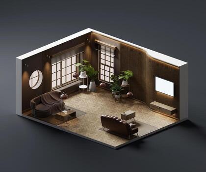 Isometric view living room scandinavian style open inside interior architecture 3d rendering digital art without AI generated photo