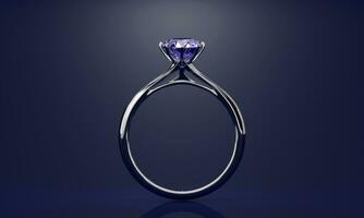 Violet brilliant diamond ring placed on deep blue background with light 3d rendering without ai generated photo