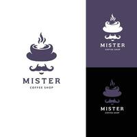 Logo for a coffee shop called Mister Coffee Shop coffee cup with a mustache between the two lines of text Minimalist, line art vector