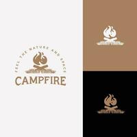 Camp logo with campfire. Stay wild and free. Vector illustration.