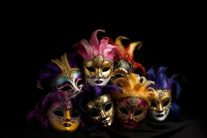 AI generated a group of colorful carnival masks on a black background photo