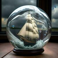 AI generated a ship in a glass ball on a table photo