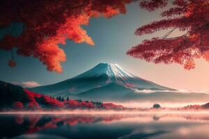 AI generated mount fuji in autumn with red leaves photo