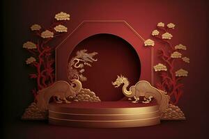 AI generated chinese new year paper art with dragon and flowers photo