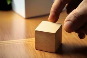 ai generado un persona es colocación un de madera cubo en un mesa foto