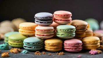 AI generated Multicolored macaroons are stacked on top of each other photo
