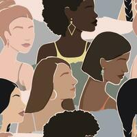 women from different ethnic groups together shoulder to shoulder. seamless vector pattern background. modern flat illustration