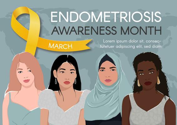 Endometriosis awareness month horizontal banner. Yellow ribbon, space for text and diverse women. Vector flat illustration.