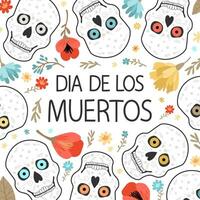 día de el muerto tarjeta con calaveras y flores vector modelo con letras diseño. el inscripción es en español.