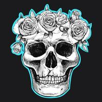 Hand drawn skull in a wreath of flowers. Vector graphic sticker illustration.