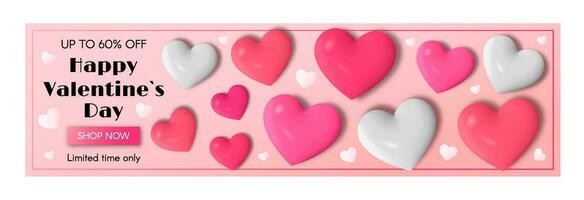 Happy Valentine's Day long horizontal banner with 3d hearts. Sale promotion. Vector modern illustration