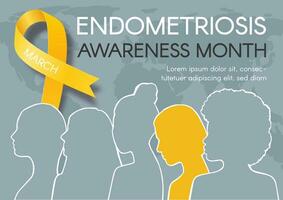 endometriosis conciencia mes horizontal póster. amarillo cinta, espacio para texto y diverso mujer siluetas vector plano ilustración.