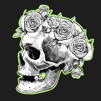 Hand drawn skull in a wreath of flowers. Vector graphic sticker illustration.