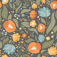 Vector seamless pattern of flowers and leaves. Simple modern illustration for trendy fabrics, wallpapers, wrapping paper, linens.