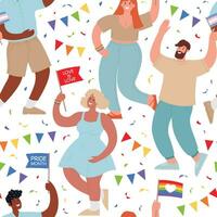 PRIDE MONTH seamless pattern. People from different ethnic backgrounds hold rainbow flags. Hand-drawn flat vector illustration to support the LGBT community. People have fun and celebrate