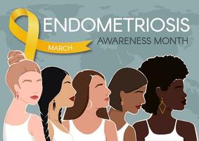 Endometriosis awareness month horizontal poster. Yellow ribbon, space for text and diverse women. Vector flat illustration.
