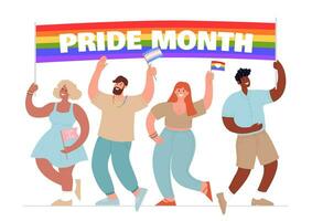 A group of people from different ethnic backgrounds holds a rainbow flag together that says PRIDE MONTH. Hand-drawn flat vector illustration to support the LGBT community.