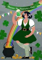 Happy St. Patrick Day vertical Poster. Woman drinks beverage and has fun. Vector flat illustration.