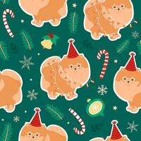 Christmas seamless vector pattern with Pomeranian dog and Christmas elements. For fabrics, wrapping paper, wallpapers.