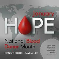 National Blood Donation Month square poster with a red ribbon, text, and a world map. Modern vector illustration.