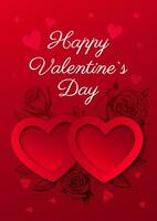 Happy Valentine's Day vertical poster with hearts, hand-drawn roses, and text. Vector modern