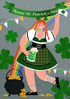 Happy St. Patrick Day vertical Poster. Woman drinks beverage and has fun. Vector flat illustration.