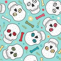 Seamless vector pattern of skulls, bones and flowers. Day of the Dead.