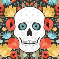 Human skull on a floral background. Day of the dead postcard. Modern vector flat illustration.