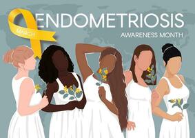 endometriosis conciencia mes horizontal póster. amarillo cinta, espacio para texto y diverso mujer. vector plano ilustración.