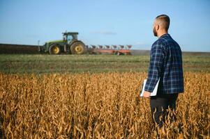 A young handsome farmer or agronomist examines the ripening of soybeans in the field before harvesting photo