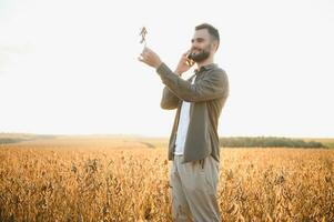 Farmer agronomist on a soybean field. Agricultural industry. photo