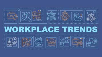 Workplace trends text with various creative thin linear icons concept on dark blue monochromatic background, editable vector illustration.