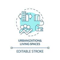 2D editable blue urbanization and living spaces icon, monochromatic isolated vector, thin line illustration representing environmental psychology. vector