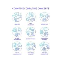 Collection of 2D gradient thin line icons representing cognitive computing, creative isolated vector, linear illustration. vector