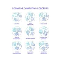 Collection of 2D gradient thin line icons representing cognitive computing, creative isolated vector, linear illustration. vector