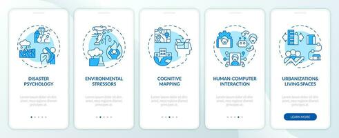 2D icons representing environmental psychology areas of study mobile app screen set. Walkthrough 5 steps blue graphic instructions with thin line icons concept, UI, UX, GUI template. vector