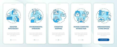 2d íconos representando ambiental psicología areas de estudiar móvil aplicación pantalla colocar. recorrido 5 5 pasos azul gráfico instrucciones con Delgado línea íconos concepto, ui, ux, gui modelo. vector