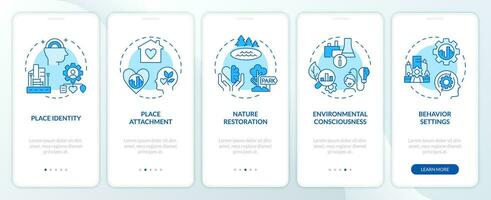 2D icons representing environmental psychology concepts mobile app screen set. Walkthrough 5 steps blue graphic instructions with line icons concept, UI, UX, GUI template. vector