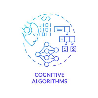 2D gradient cognitive algorithms icon, creative isolated vector, thin line blue illustration representing cognitive computing.