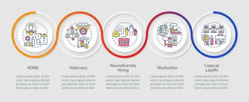 2D workplace trends vector infographics template with colorful linear icons concept, data visualization with 5 steps, process timeline chart.