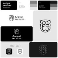 mascota sentado Servicio monocromo línea negocio logo. marca nombre. profesional pericia valor. pata impresión y proteger sencillo icono. diseño elemento. visual identidad. adecuado para sitio web vector