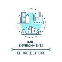 2D editable blue built environments icon, monochromatic isolated vector, thin line illustration representing environmental psychology. vector