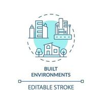 2D editable blue built environments icon, monochromatic isolated vector, thin line illustration representing environmental psychology. vector