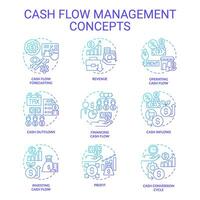 Set of 2D gradient thin line icons representing cash flow management, isolated simple vector, linear illustration. vector