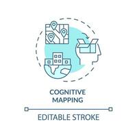 2D editable blue cognitive mapping icon, monochromatic isolated vector, thin line illustration representing environmental psychology. vector