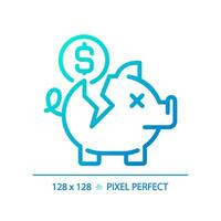 2D pixel perfect gradient broken piggy bank icon, isolated vector, thin line blue illustration representing economic crisis. vector