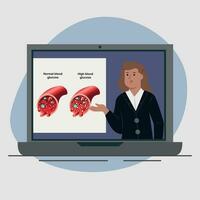 Vector illustration of a girl teacher. Online lesson about diabetes.